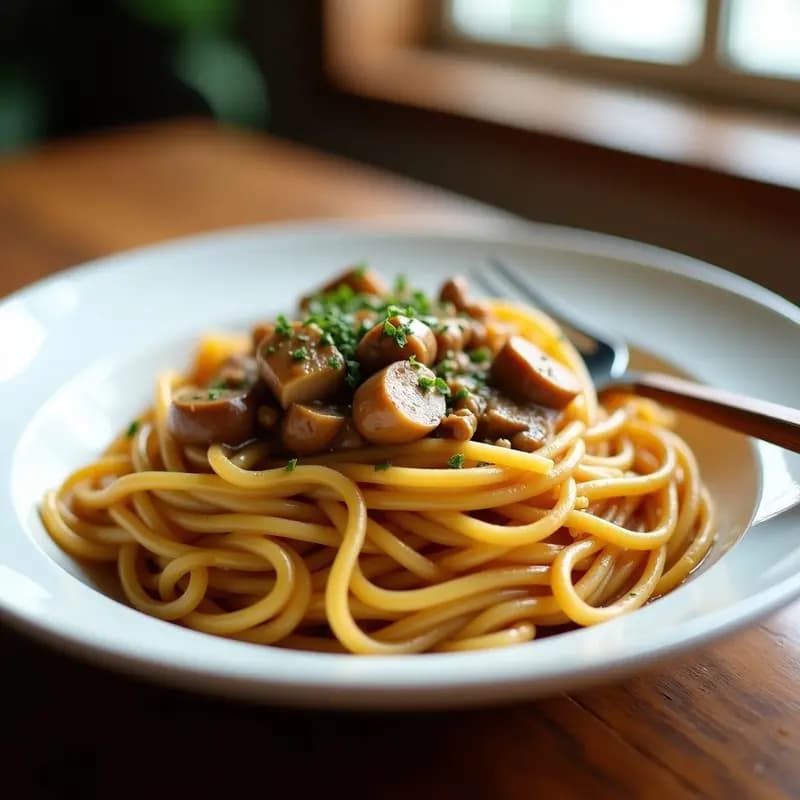 Plato hondo blanco con Jollibee Style Spaghetti vegano, espaguetis al dente bañados en una salsa espesa de champiñones portobello y tofu, con un toque dorado por la salsa de banana y leche de coco. Decorado con orégano y servido con un tenedor de madera.