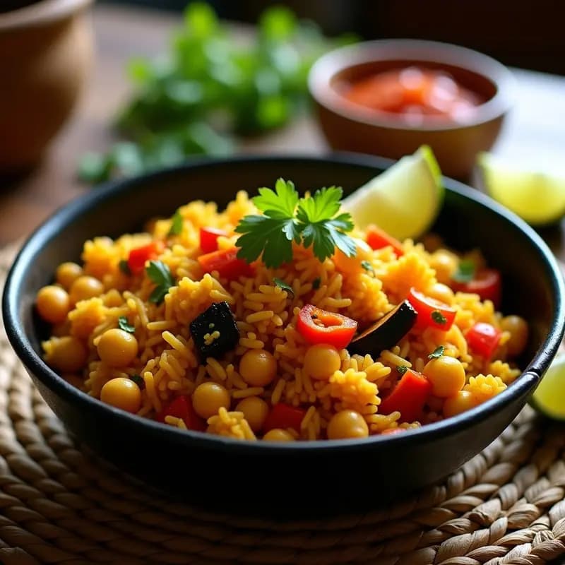 Plato hondo de cerámica negra con Jollof de arroz con garbanzos y verduras vegano, decorado con cilantro fresco y rodajas de limón. Los garbanzos dorados y las verduras coloridas contrastan con el arroz especiado, servido en una mesa rústica con texturas africanas.