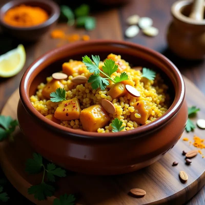 Plato hondo de barro con Jollof Rice de arroz salvaje con pollo al curry, decorado con cilantro fresco y almendras tostadas. El arroz tiene un tono dorado y el pollo está en cubos jugosos, rodeado de una salsa cremosa de curry.