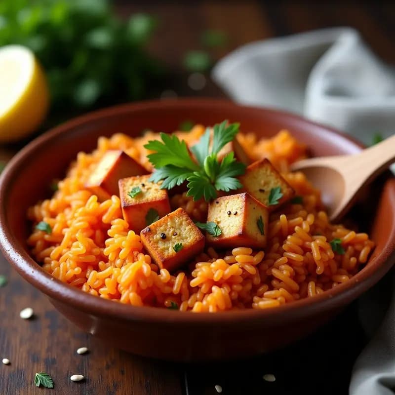 Plato hondo de barro con Jollof Rice nigeriano vegano, arroz rojo intenso con cubos de tofu dorado marinado en especias, decorado con cilantro fresco y semillas de sésamo, servido con rodaja de limón.