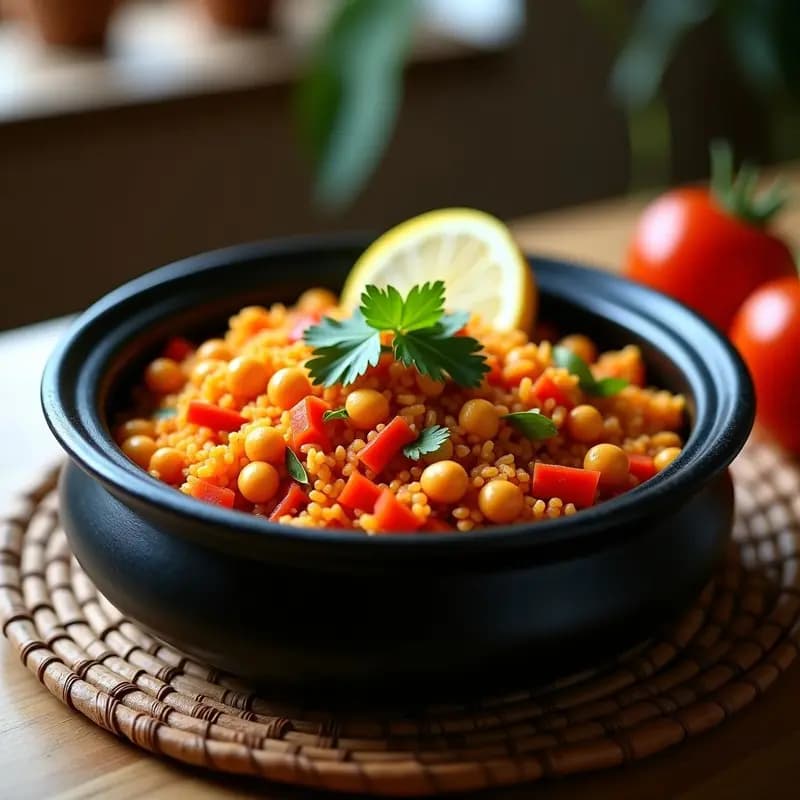 Olla de barro negra con Jolof Rice africano vegano, arroz rojo intenso con garbanzos y verduras, decorado con cilantro fresco y rodajas de limón, sobre fondo rústico de madera.