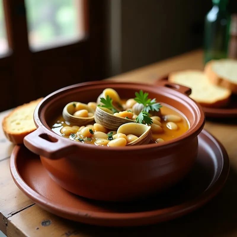 Olla de barro humeante con guiso gallego de judías blancas cremosas, almejas abiertas y trozos de ajo, Espolvoreado con perejil fresco. Plato tradicional de mar y tierra.