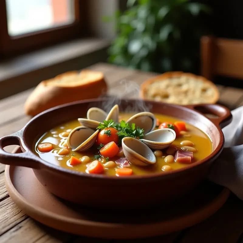 Guiso asturiano de judías blancas con almejas abiertas y trozos de jamón serrano, servido en cazuela de barro rústica con perejil fresco espolvoreado y pan tostado al lado.