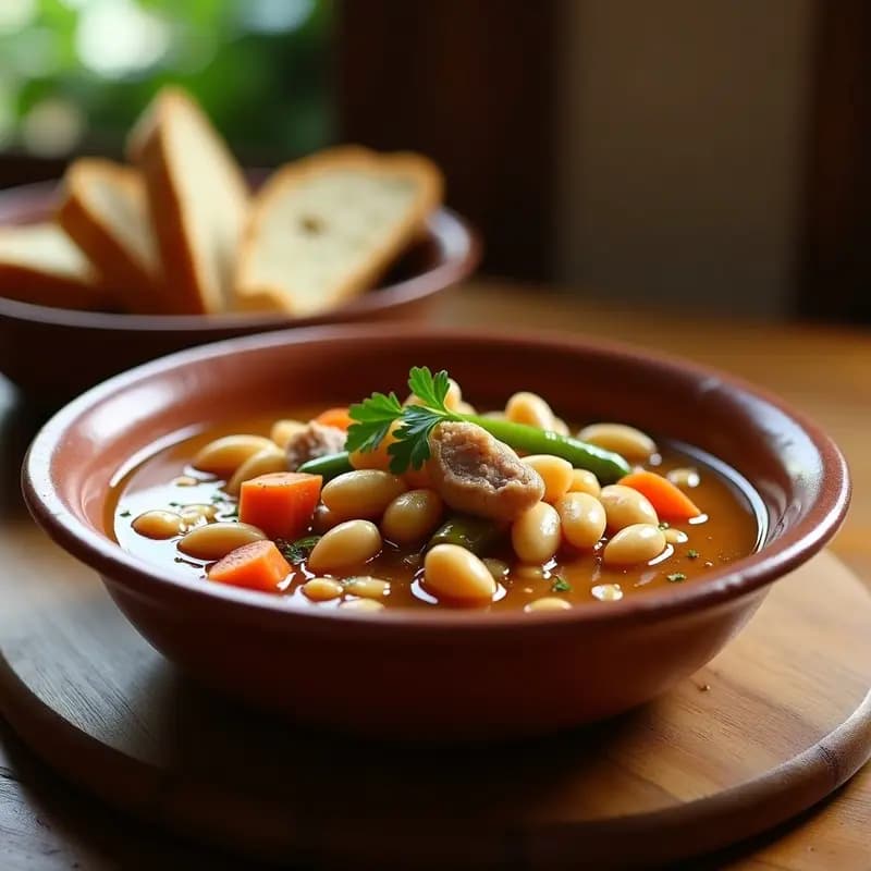 Plato hondo de barro con judías blancas estofadas y trozos gelatinosos de oreja de cerdo, rodeado de verduras y caldo espeso, típico de la cocina andaluza tradicional.