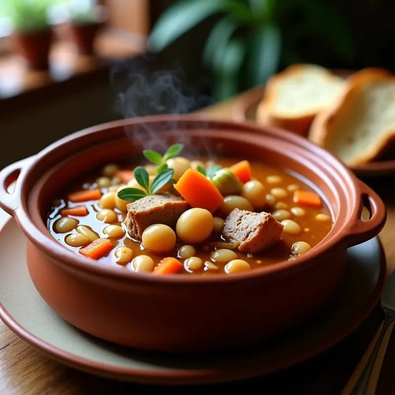 Olla de barro humeante con guiso espeso de judías blancas, trozos de oreja y rabo de cerdo, zanahoria y puerro. Plato tradicional español de cocina de aprovechamiento, servido en cuenco rústico.