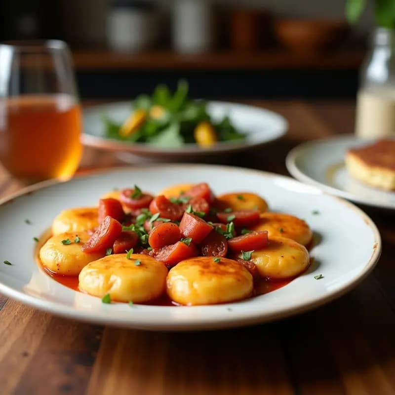 Plato hondo de barro con Judías Blancas con Sacramentos en olla lenta, rodeadas de rodajas de chorizo y morcilla, bañadas en una salsa espesa y oscura, con trozos de zanahoria y cebolla. Pan rústico al lado para mojar.