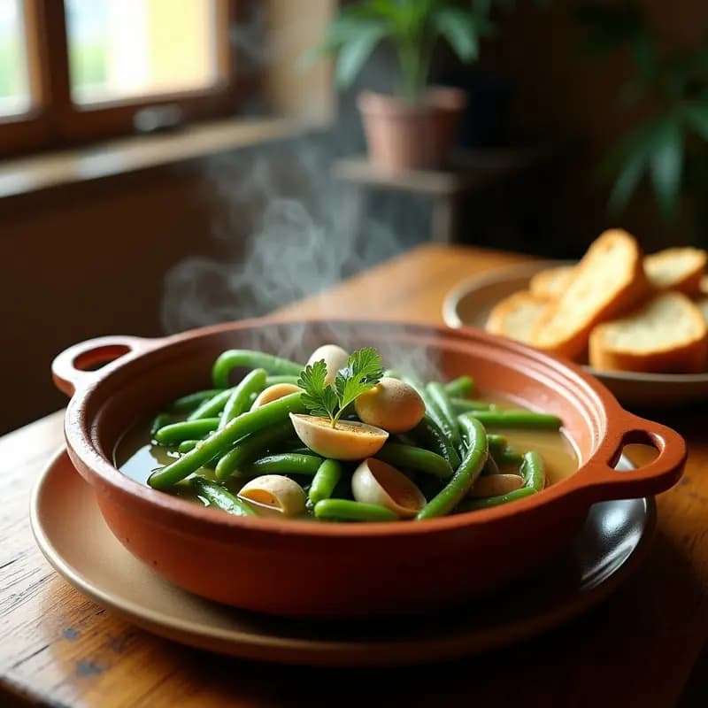 Cazuela de barro humeante con judías verdes troceadas y almejas abiertas, bañadas en un caldo dorado con perejil fresco. Plato típico costero español, servido con pan tostado al lado.