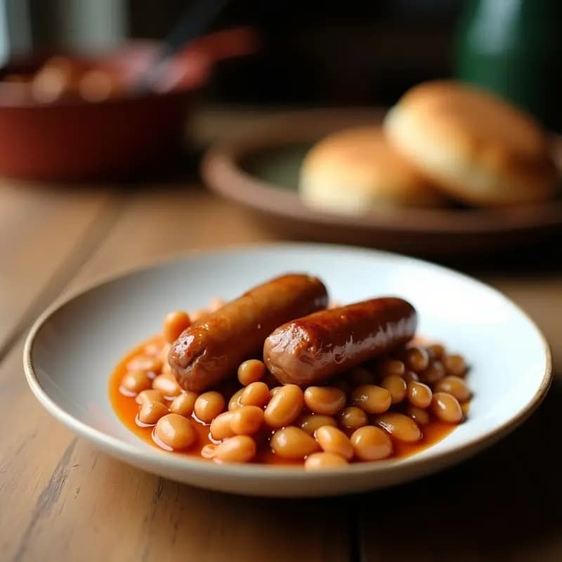 Olla de barro humeante con judiones de La Granja estofados, trozos de morcilla de arroz y oreja de cerdo, decorados con perejil fresco. Plato tradicional español de cuchara.