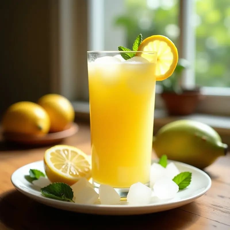 Vaso alto transparente con jugo de noní y guanábana con limón, bebida antioxidante caribeña sin azúcar, decorado con rodaja de limón y hielo, sobre fondo de madera rústica con hojas de menta.