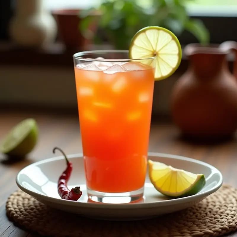 Vaso alto con jugo de papaya y chile de árbol, bebida mexicana picante y digestiva, decorado con rodaja de limón y trocito de chile, servido con hielo y fondo de mesa rústica.