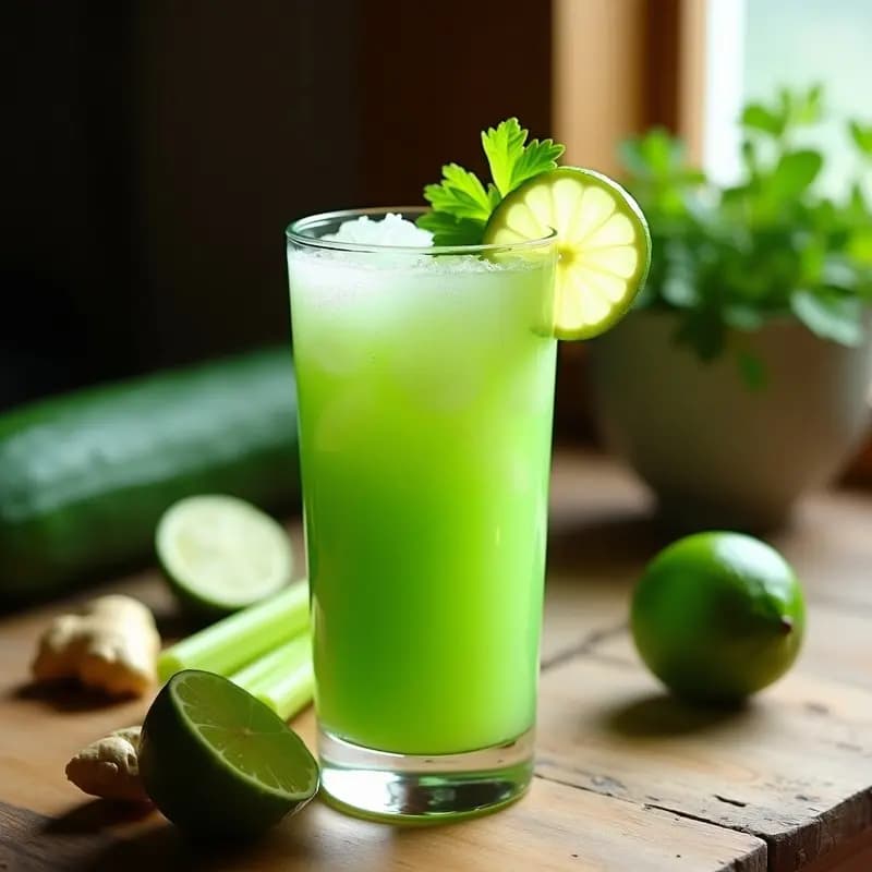 Vaso alto con jugo detox mexicano de pepino, apio y jengibre con lima, decorado con hielo picado, una rodaja de lima y hojas de cilantro fresco sobre una mesa de madera rústica con ingredientes al fondo.