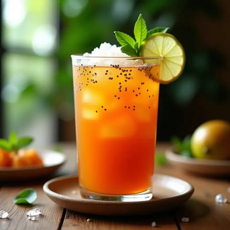 Vaso alto transparente con jugo de tamarindo y maracuyá con chía, decorado con rodajas de limón y semillas de chía en la superficie, sobre una mesa rústica de madera con hojas de hierbabuena y pimientas rosas al lado.