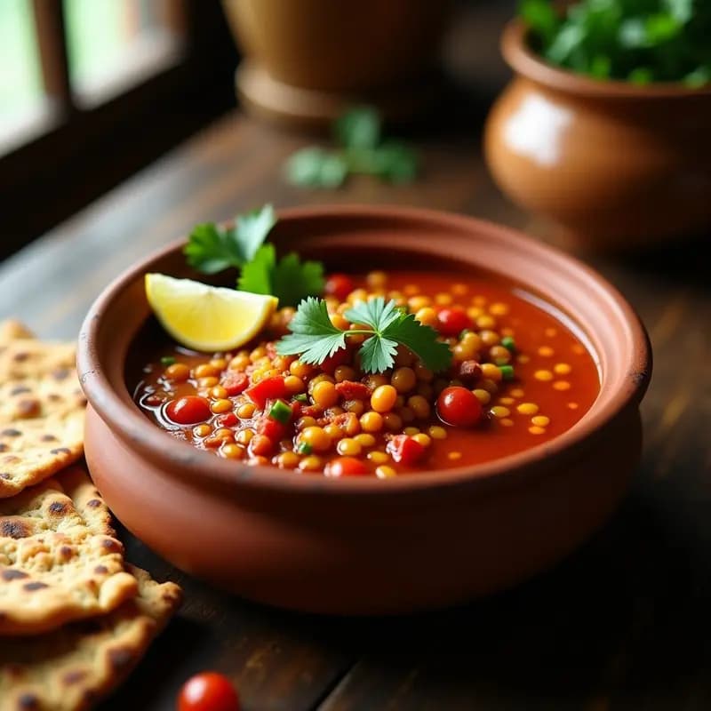 Plato tradicional etíope de barro con k leib de lentejas rojas y berbere, estofado espeso y picante, decorado con cilantro fresco y una cucharada de yogur de coco en el centro, sobre fondo de tela tejida con patrones africanos.