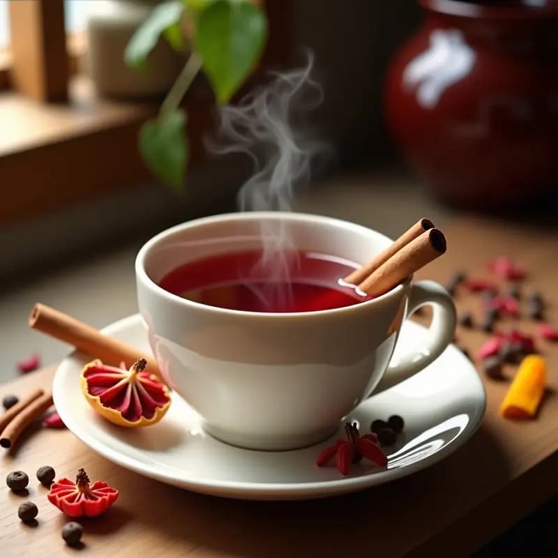 Taza de porcelana blanca con karkadé humeante de color rojo intenso, decorada con una rama de canela y clavos de olor. Fondo rústico con flores de hibisco secas y trozos de cáscara de naranja.