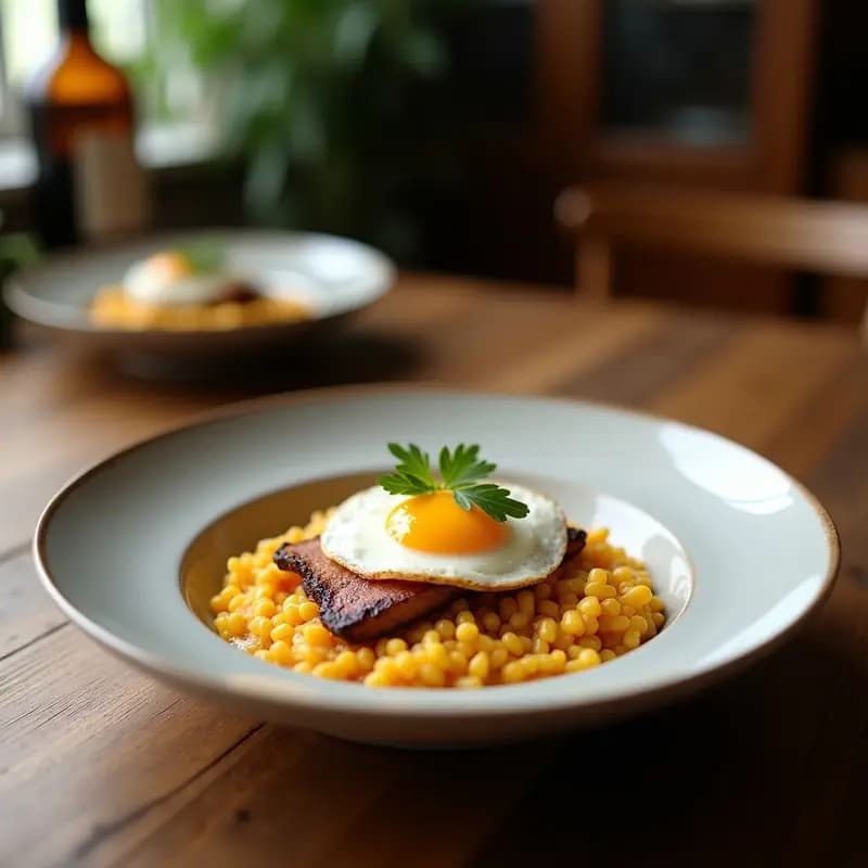 Bowl de katsudon japonés con arroz blanco, cerdo empanado crujiente en rodajas, huevo cremoso bañado en salsa dashi y soja, decorado con semillas de sésamo y cebollino picado.