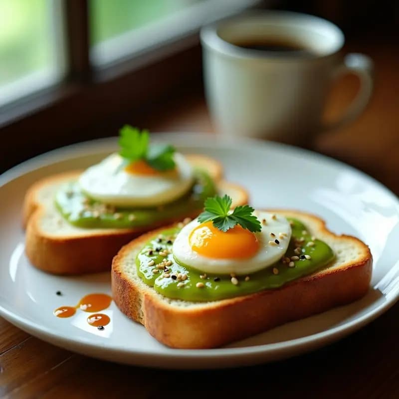 Plato de Kaya Toast con huevo poché sobre tostadas doradas, cubiertas de confitura de coco pandan brillante, huevo poché con yema líquida, espolvoreado con semillas de sésamo, cilantro fresco y un hilo de salsa de soja. Desayuno singapurense dulce y salado en un fondo rústico de madera.