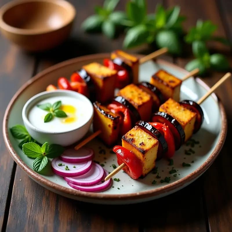Brochetas de kebabs con trozos dorados de berenjena, pimientos rojos y amarillos asados, y cubos de tofu, servidos en plato de barro con salsa cremosa de yogur de soja y menta, decorados con cebolla morada. Receta de aperitivo turco vegano alto en proteínas.
