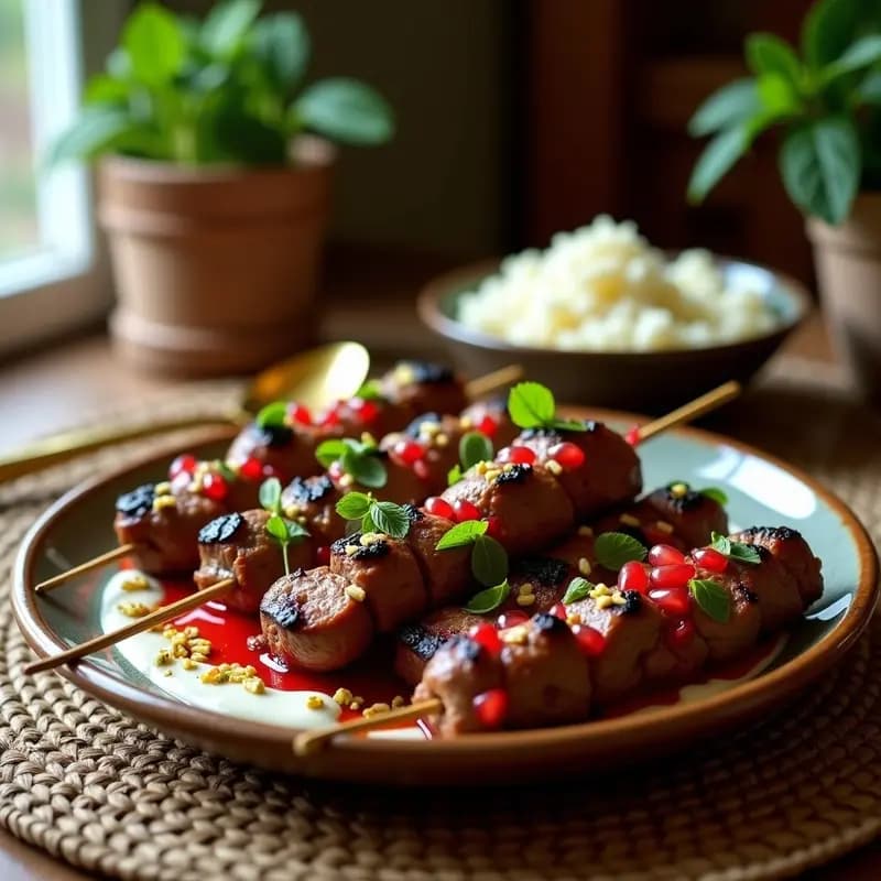 Brochetas de kebabs iraníes de cordero asado a la parrilla, con trozos dorados y jugosos, granos de granada rojos brillantes y salsa de yogur cremosa espolvoreada con menta y pistachos, servidos sobre un plato de cerámica tradicional persa con arroz basmati al fondo.