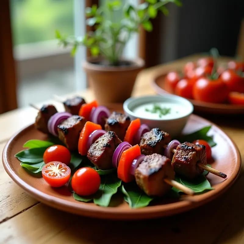 Brochetas de kebabs de cordero dorado a la parrilla, acompañadas de salsa cremosa de yogur y mentole fresco, sobre un plato de cerámica blanca con hierbas verdes y rodajas de limón.