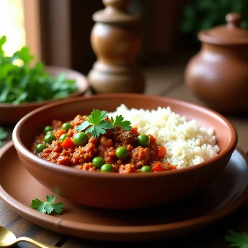 Plato hondo de barro con Keema Matar indio: carne picada de cordero en salsa espesa con guisantes verdes, especias visibles y cilantro fresco picado. Acompañado de arroz basmati blanco y decorado con rodajas de limón.