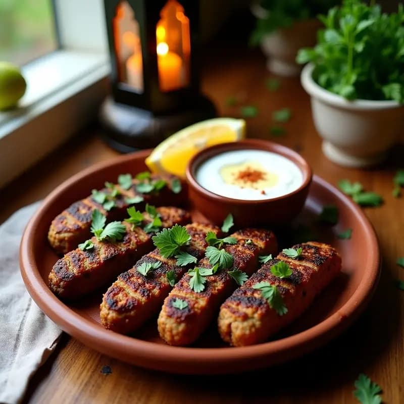 Keftas de cordero con especias bereber y yogur griego doradas a la perfección en grill, servidas en plato de barro con ensalada fresca y limones al fondo, receta marroquí auténtica.