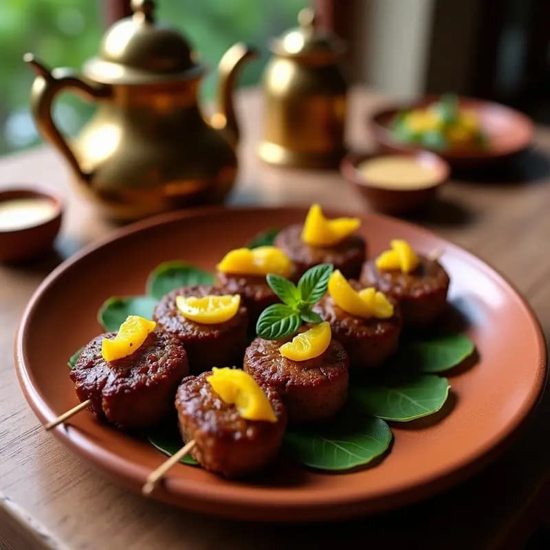 Brochetas de kefta de cordero a la parrilla con trozos dorados, decoradas con hojas de menta fresca y rodajas de limón, servidas en un plato de barro rústico sobre una mesa de madera.
