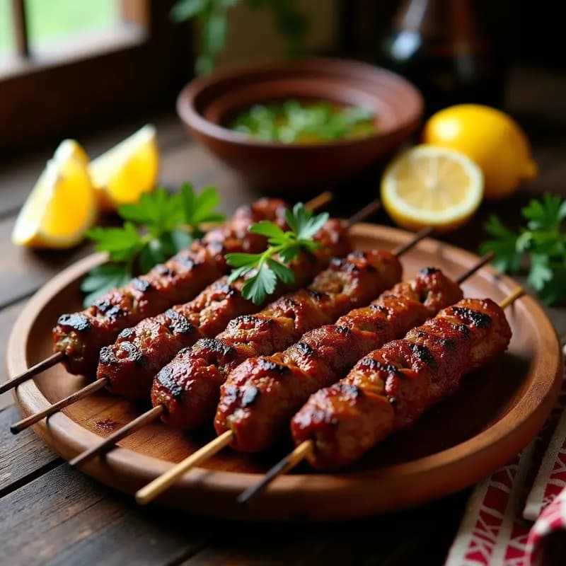 Plato de albóndigas marroquíes Kefta de Cordero a la Parrilla, doradas y jugosas, con especias Ras el Hanout, servidas sobre una bandeja de madera con limones y hierbas frescas al fondo.