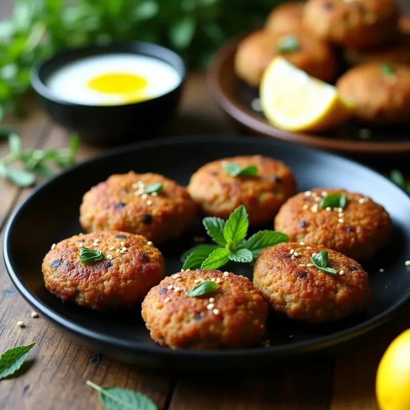 Seis keftedes griegas veganas de berenjena y lentejas doradas en airfryer, con semillas de sésamo tostado, servidas en un plato de cerámica blanca con hierbas frescas y rodajas de limón al fondo. Receta crujiente y alta en proteína.