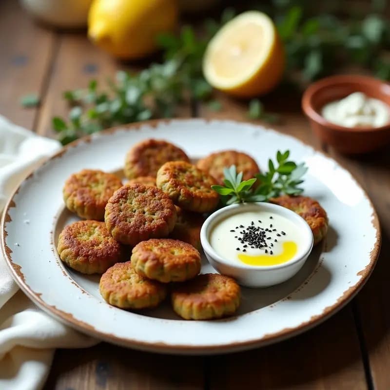 Plato blanco rústico con keftedes de berenjena y lentejas doradas al horno, acompañadas de salsa de yogur vegano cremosa espolvoreada con semillas de sésamo y orégano fresco, receta griega sin carne.