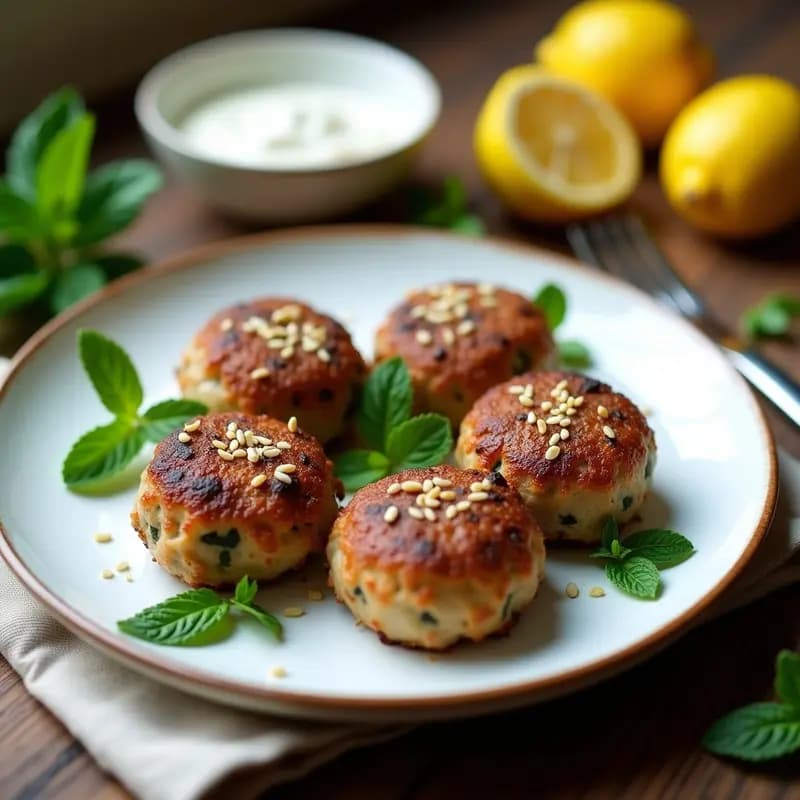 Plato de cerámica blanca con keftedes griegas de cordero y menta doraas por fuera, espolvoreadas con semillas de sésamo, acompañadas de rodajas de limón y ramitas de menta fresca. Receta tradicional cocinada en sartén sin aceite.