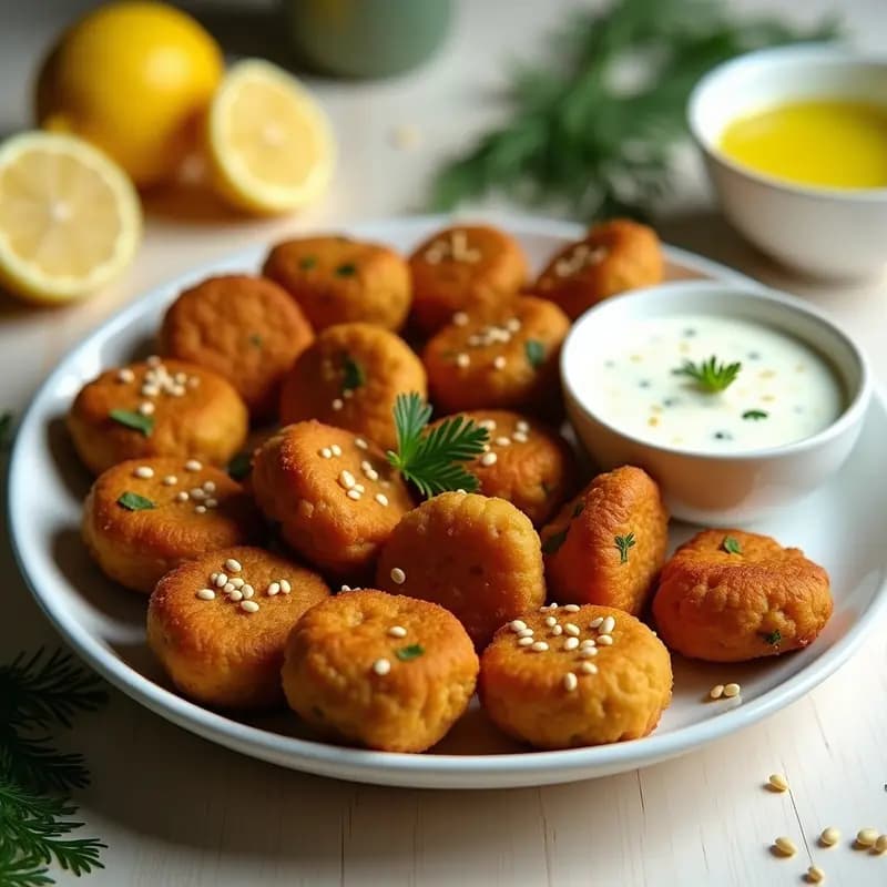 Keftedes griegos de garbanzos dorados y crujientes en un plato blanco, acompañados de salsa de yogur cremosa y decorados con eneldo fresco y semillas de sésamo, receta en airfryer.