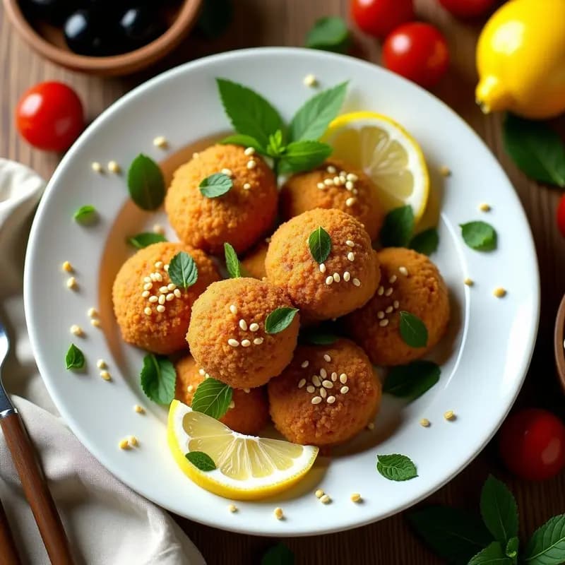 Keftedes de garbanzos y hierbabuena doradas en sartén antiadherente, decoradas con semillas de sésamo y hierbabuena fresca, servidas sobre plato blanco rústico.