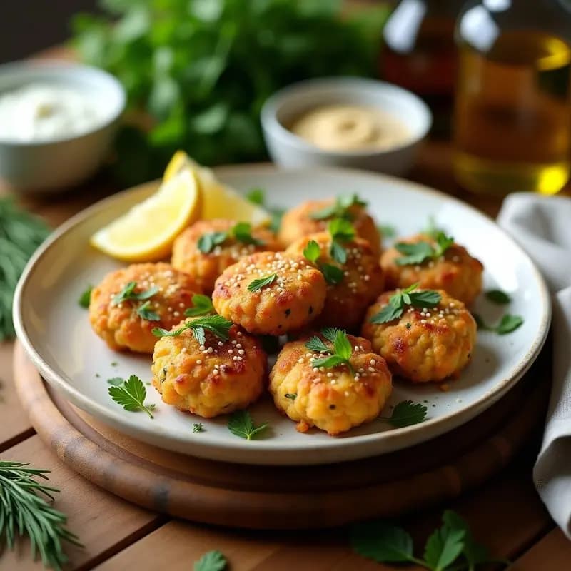 Keftedes griegas de garbanzos y hierbas doradas en airfryer, servidas en plato blanco con semillas de sésamo, hierbas frescas y salsa de yogur al lado. Aperitivo crujiente y vegano.