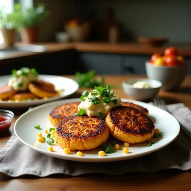 Hamburguesas griegas veganas de garbanzos y hierbas, doradas y crujientes, con semillas de sésamo por encima, servidas en plato blanco con limones y hierbas frescas al lado, receta de keftedes mediterráneas.