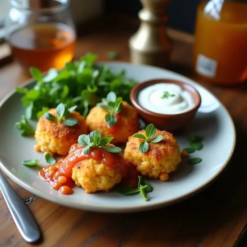 Plato blanco rústico con keftedes griegas de garbanzos doradas y crujientes, acompañadas de un bol de salsa tzatziki de pepino cremosa, aceitunas kalamata y alcaparras. Decorado con hojas de menta fresca y un chorrito de aceite de oliva virgen extra.