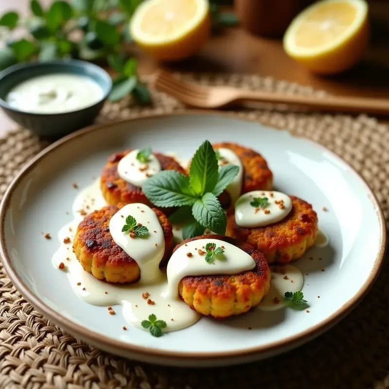 Plato de madera rústico con 6 keftedes de garbanzos doradas y crujientes, decoradas con semillas de sésamo y hojas de menta fresca, acompañadas de un bol de salsa de yogur cremosa con vetas verdes. Receta de hamburguesas griegas veganas con salsa de yogur y menta.