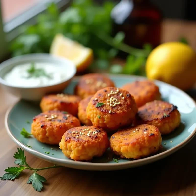 Keftedes de garbanzos y zanahoria doradas y crujientes en la canasta de un Airfryer, con semillas de sésamo visibles en la superficie. Acompañadas de rodajas de limón, hojas de perejil fresco y un bol de salsa tzatziki vegana al lado, sobre una mesa de madera rústica.