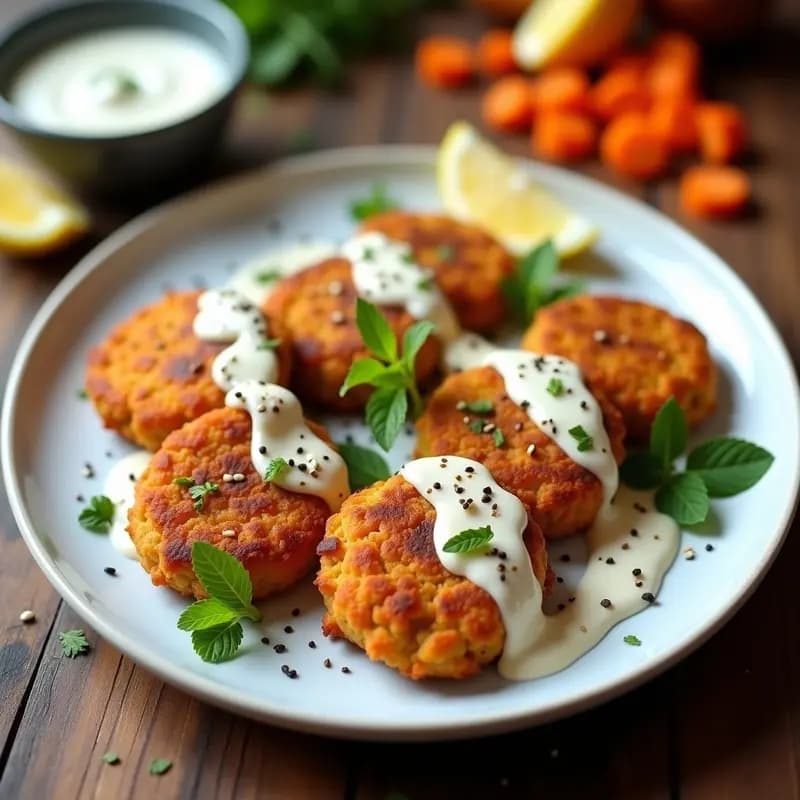 Keftedes de garbanzos y zanahoria dorados y crujientes en airfryer, servidos en plato blanco con salsa de yogur cremosa y semillas de sésamo, receta vegana griega.