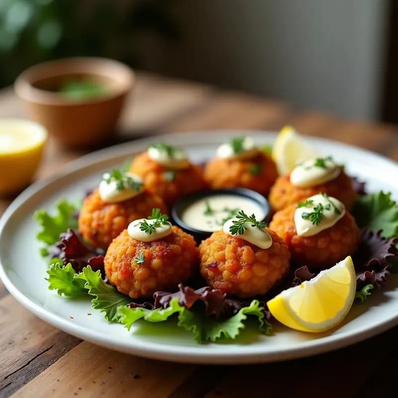Plato blanco con keftedes de garbanzos y zanahoria doradas y crujientes, servidas sobre lechuga morada y acompañadas de salsa de tahini y rodajas de limón, receta vegana griega en airfryer.