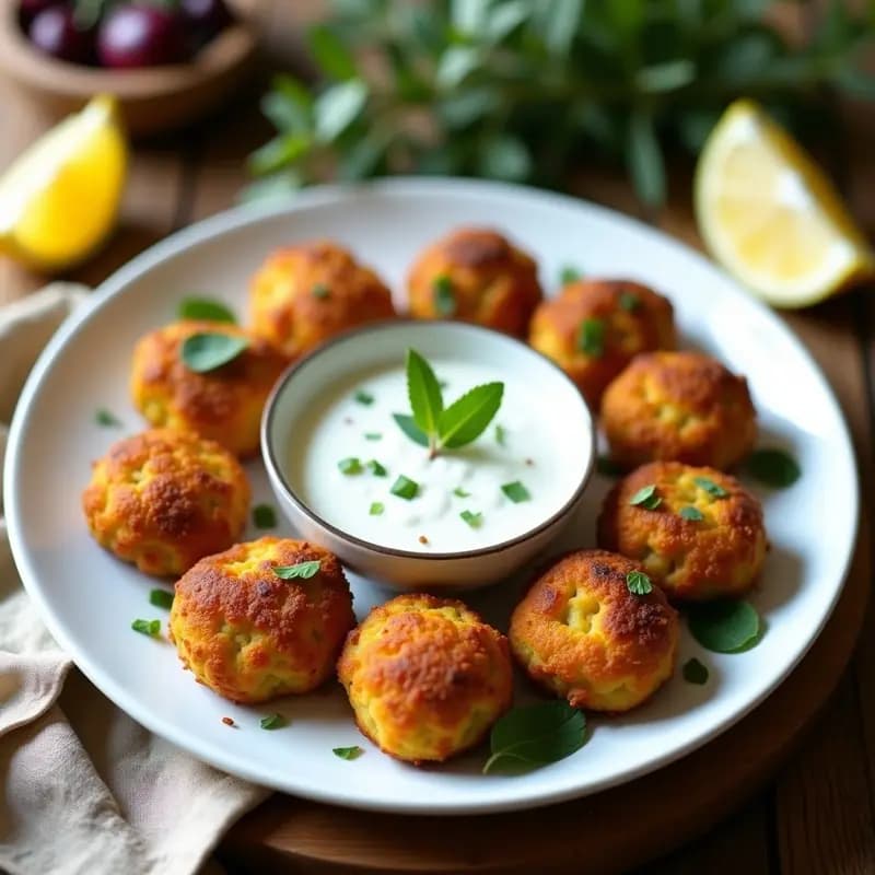 Plato blanco con Keftedes griegas doradas de garbanzos y hierbas, servidas con salsa tzatziki vegana cremosa, decoradas con hojas de menta y rodajas de limón, fondo rústico de madera.