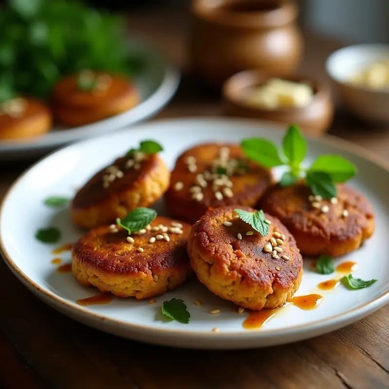 Keftedes de lentejas y cebolla caramelizada: hamburguesas griegas veganas doradas y crujientes, decoradas con semillas de sésamo y cebolla morada caramelizada, servidas en plato blanco con hierbas frescas.
