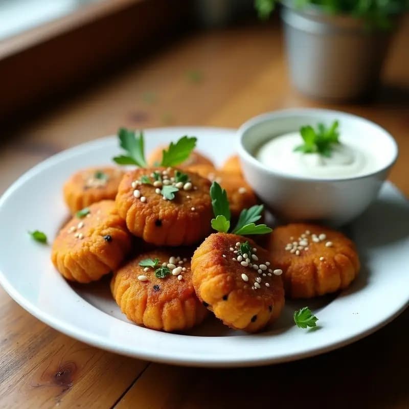 Plato blanco con keftedes de lentejas corail y ajo negro doradas, servidas sobre hojas de menta fresca y acompañadas de rodajas de limón y tzatziki vegano. Textura crujiente por fuera y esponjosa por dentro.