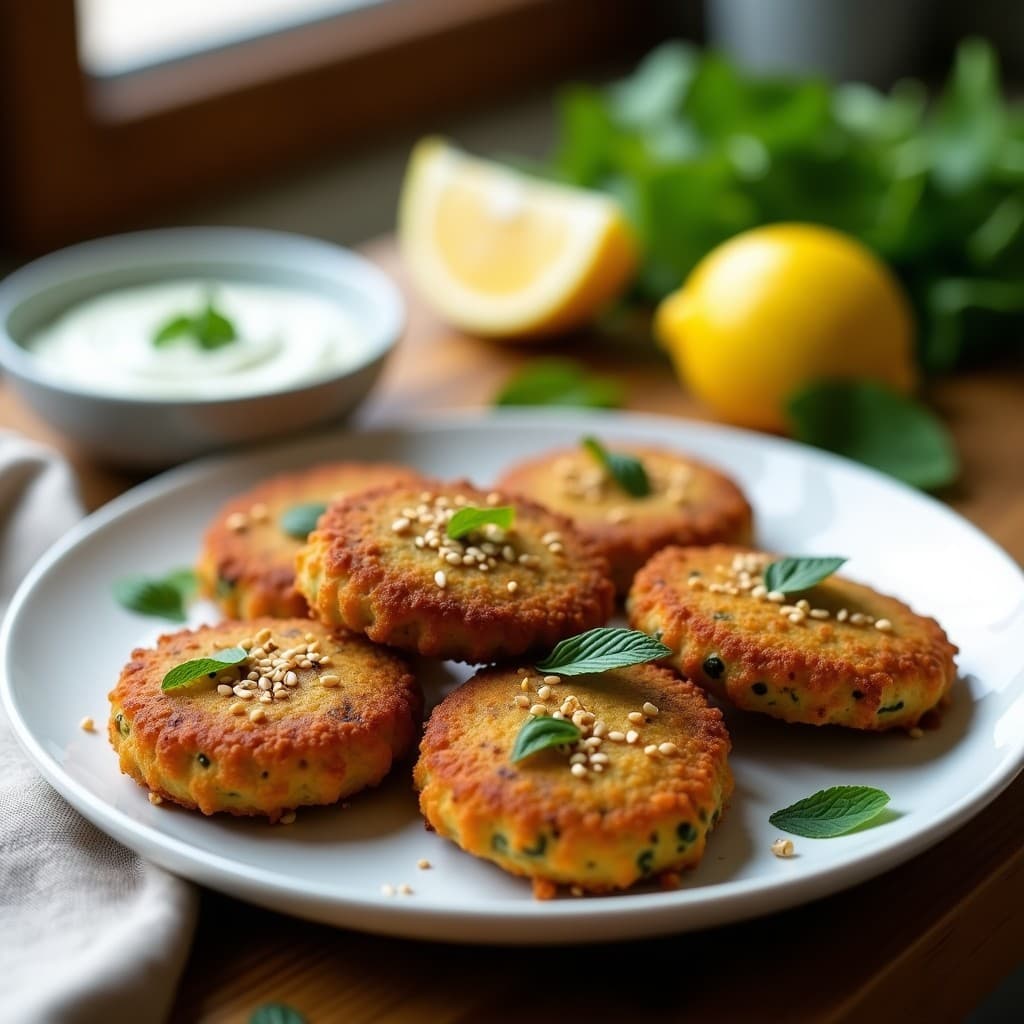Keftedes de lentejas corail y zucchini doradas y crujientes en una fuente de cerámica blanca, espolvoreadas con semillas de sésamo. Acompañadas de rodajas de limón y hierbas frescas, receta griega vegana en airfryer.