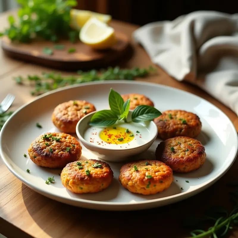 Keftedes griegos de lentejas y hierbas veganas al horno sin gluten, doradas y crujientes por fuera, servidas en un plato rústico con tzatziki y rodajas de limón, sobre un fondo de madera oscura.