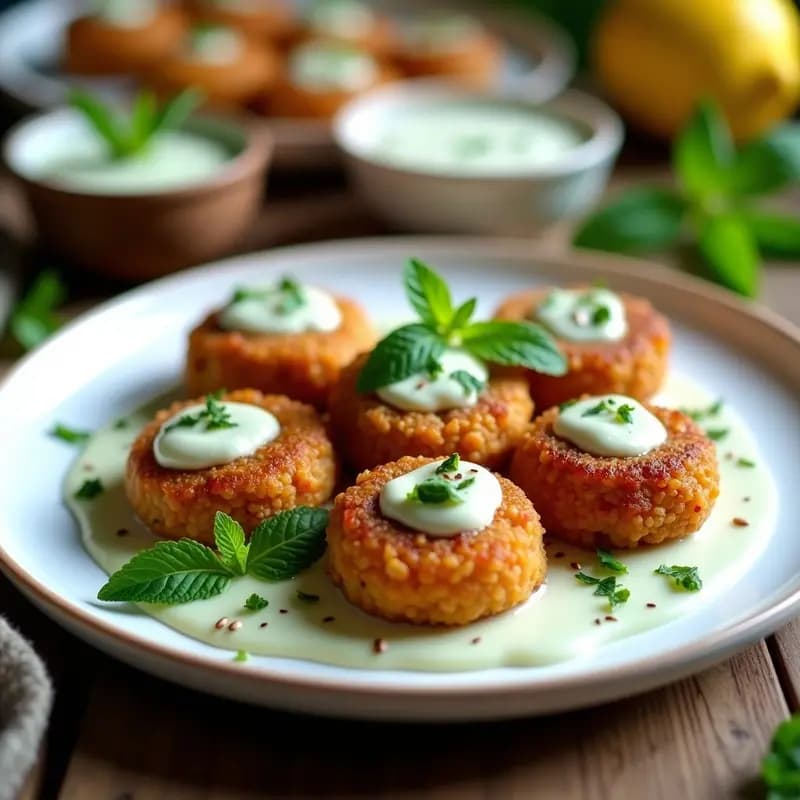 Keftedes de lentejas rojas dorados y crujientes servidos en un plato blanco con salsa de yogur y menta, decorados con hojas frescas de menta y semillas de sésamo, receta griega vegana.