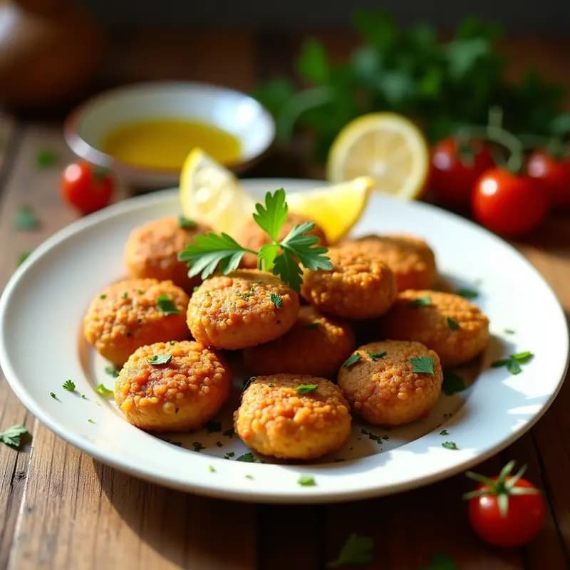 Plato blanco con keftedes de lentejas y tomate doradas, albóndigas griegas veganas en sartén, acompañadas de perejil fresco y rodajas de limón, con fondo rústico de madera.