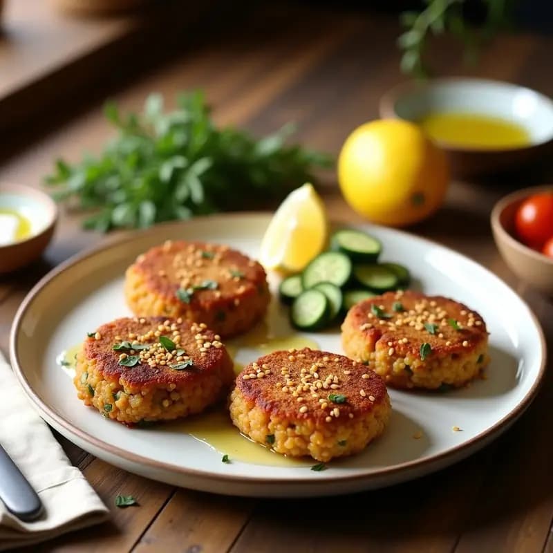 Plato blanco con keftedes griegas veganas de lentejas y hierbas frescas doradas en sartén, decoradas con semillas de sésamo y rodajas de limón, acompañadas de ensalada de pepino y tomate. Receta tradicional griega adaptada a versión vegana.