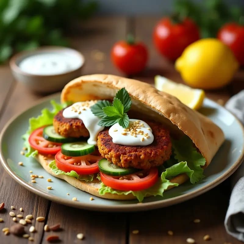 Plato de Keftedes de Lentejas con Yogur y Pita: albóndigas griegas veganas doradas y crujientes servidas en pita integral rellena de lechuga morada, tomate y cebolla encurtida, con semillas de sésamo espolvoreadas.