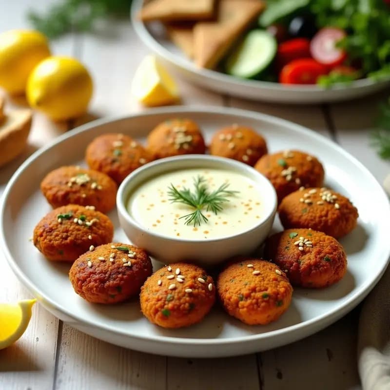 Keftedes de lentejas y zanahoria veganas doradas y crujientes, servidas en un plato blanco con salsa de limón cremosa, rodajas de limón y hierbas frescas. Receta griega alta en proteína.
