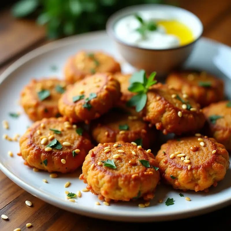 Plato blanco con keftpedes de lentejas y cebolla caramelizada doradas, servidas sobre leche de coco y decoradas con perifollo fresco y semillas de sésamo. Receta de albóndigas griegas veganas en Airfryer.